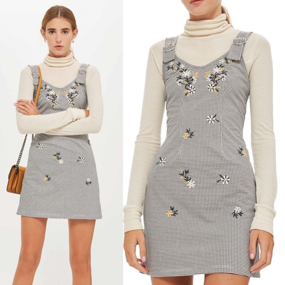 Topshop Dresses & Skirts - Topshop • Embroidered Pinafore Gingham Mini Dress